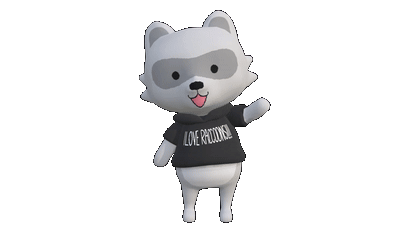 A raccoon character smiling and waving at the viewer.