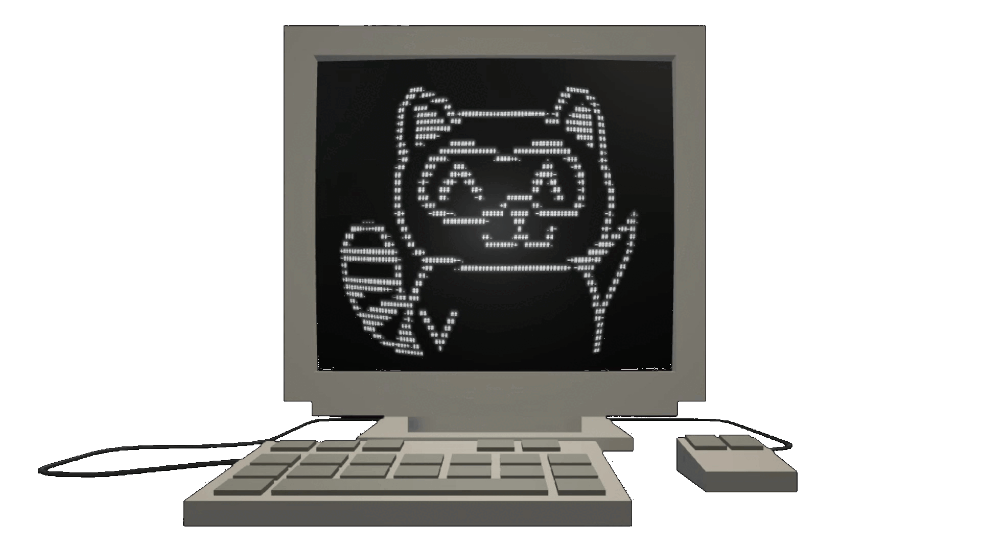 A vintage CRT monitor displaying an ASCII art of raccoon waving goodbye.