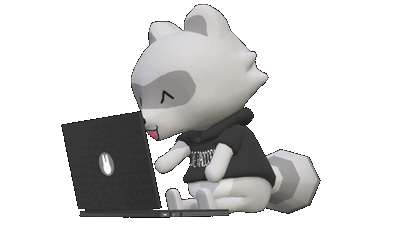 A cute raccoon character sitting down typing on a laptop.
